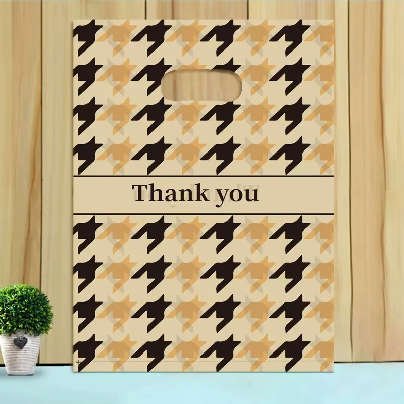 Reusable Shopping Bag with Beige and Brown Houndstooth Design and Thank You Text