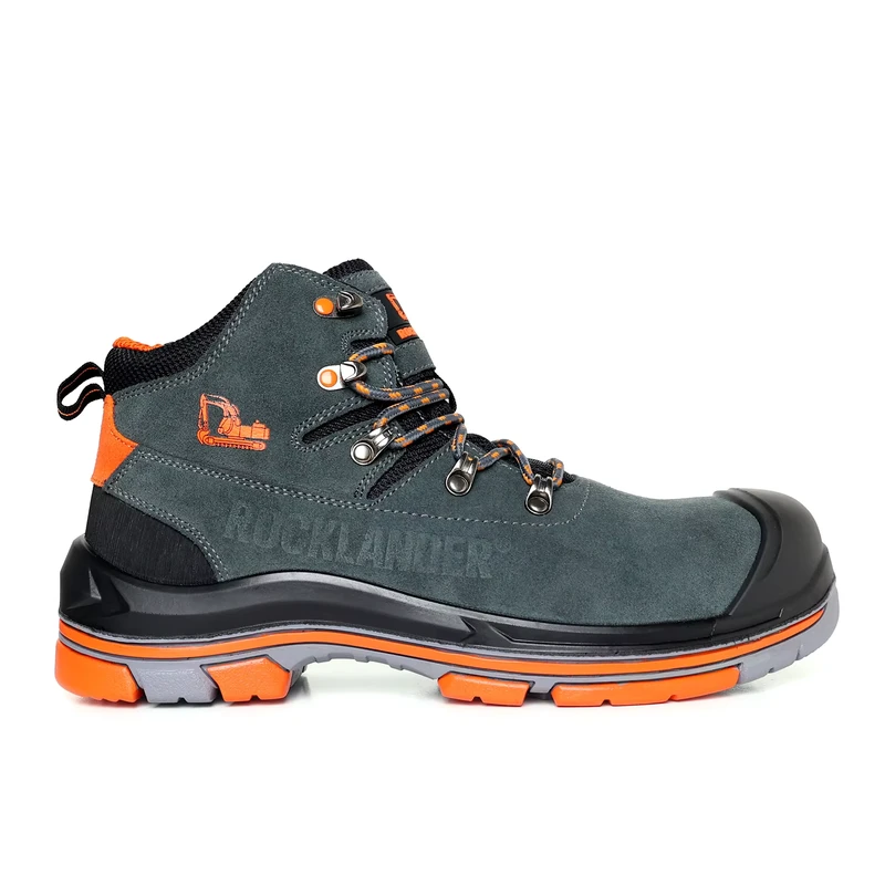 Rocklander Orange Gray S1P Anti static Mid Top Suede Upper Modern Lightweight Safety Boots for Factory Construction Site Work