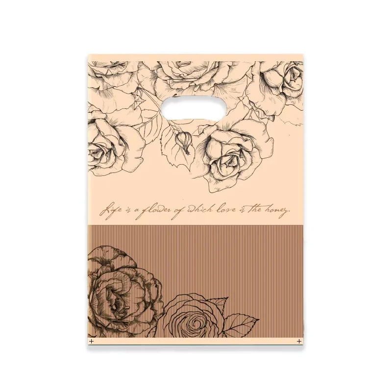 Rose Print Plastic Merchandise Bags, Beige and Brown Stripes, Die-Cut Handles