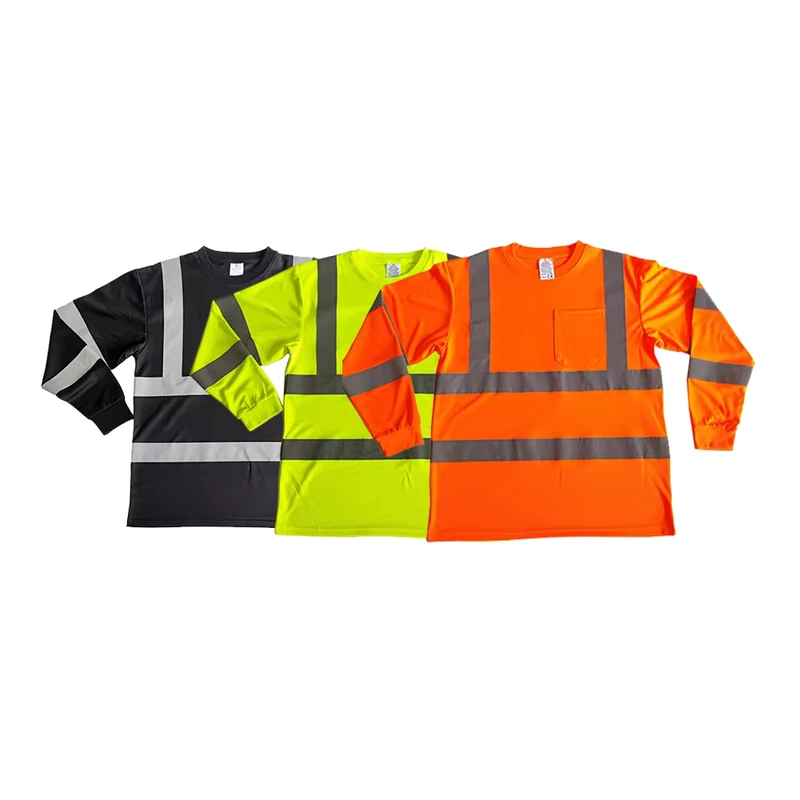 Round Neck High Visibility Safety Shirt Reflective Fluorescent Yellow Orange Custom Logo Long Sleeve Work Shirt