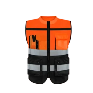 Round Neck Multi-Pocket Waterproof Reflective High-Vis Zipper Safety Vest for Traffic Duty