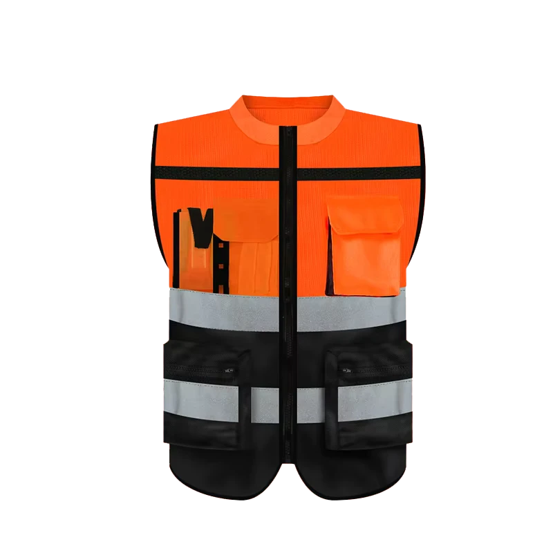 Round Neck Multi-Pocket Waterproof Reflective High-Vis Zipper Safety Vest for Traffic Duty