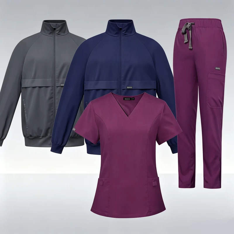 Royal Blue Twill 4-Way Stretch Nurse Scrub Set Zip-Up Jacket V-Neck Top Cargo Pants Medical Hospital Uniform OEM Custom Logo