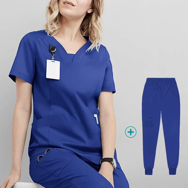 Royal Blue Unisex Ribbed Medical Scrub Set V Neck Short Sleeve Top & Long Pants Moisture Wicking Uniform OEM Medical Scrub Sets