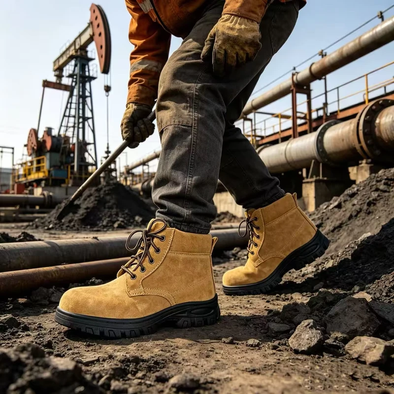 SOLID STONE Work Safety Shoes Tan Suede High Ankle Anti-Slip Steel Toe Shoes for Road Maintenance & Heavy-Duty Workshop Use