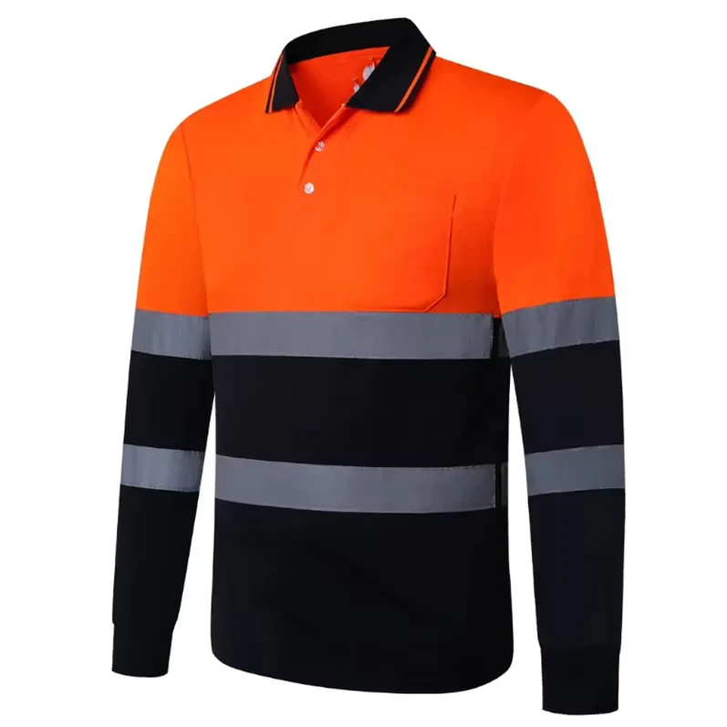Safety Reflective Clothing Fluorescent Work Long Sleeves Reflective Polo Hi Vis Orange Shirt