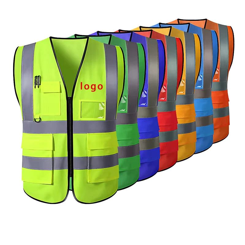 Safety Vest Construction logo High Visibility Led Work Engineer Jacket With Pockets and Zipper Safety Vest Reflective