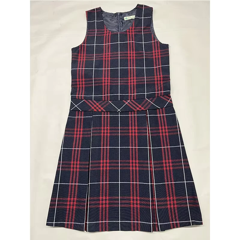 School Uniform Frock Red Checkered Pleated Pinafore Jumper Dress
