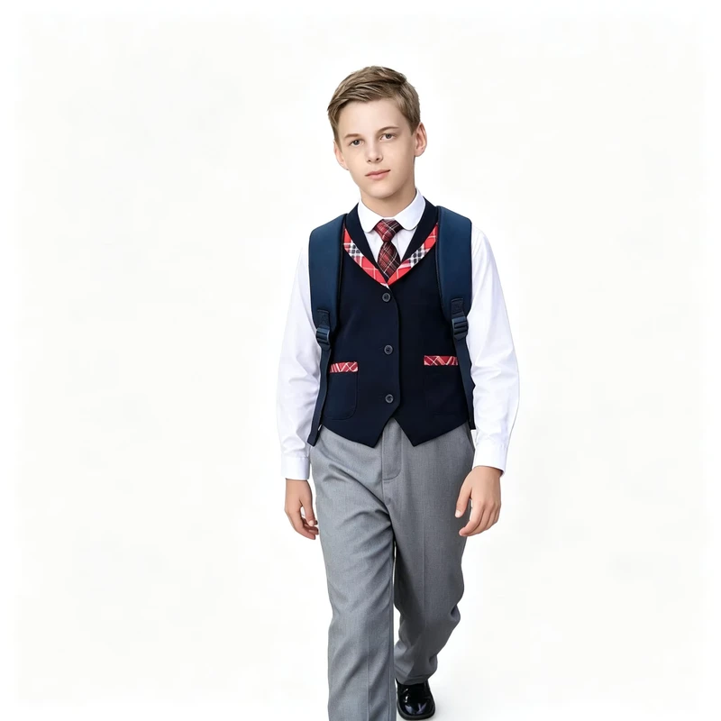 School Uniforms for Boys and Girls, Navy Blazer and Vest, Red Plaid Skirt, Grey Pants, School Uniform Manufacturer