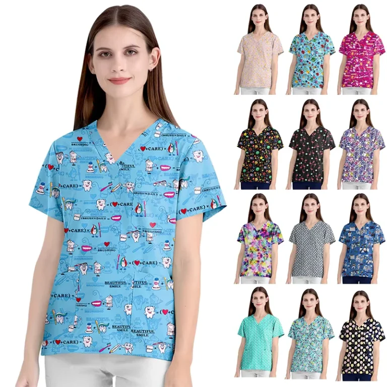 Scrubs-Hospital-Uniform-V-neck-Floral-Jersey-Top-Nurse-Nursing-Unisex-Cotton-Work-Clothes-Short-Sleeves-Women-Men-Multicolour