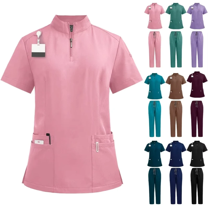 Scrubs Sets Nursing Uniform Short Sleeves Stand up Collar Zipper Overalls Nurse Uniforms for Hospital Top & Pants Multi Pocket