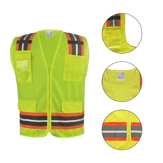 Security Surveyor Work High Visibility Reflective Traffic Safety Vest With Pockets Zipper