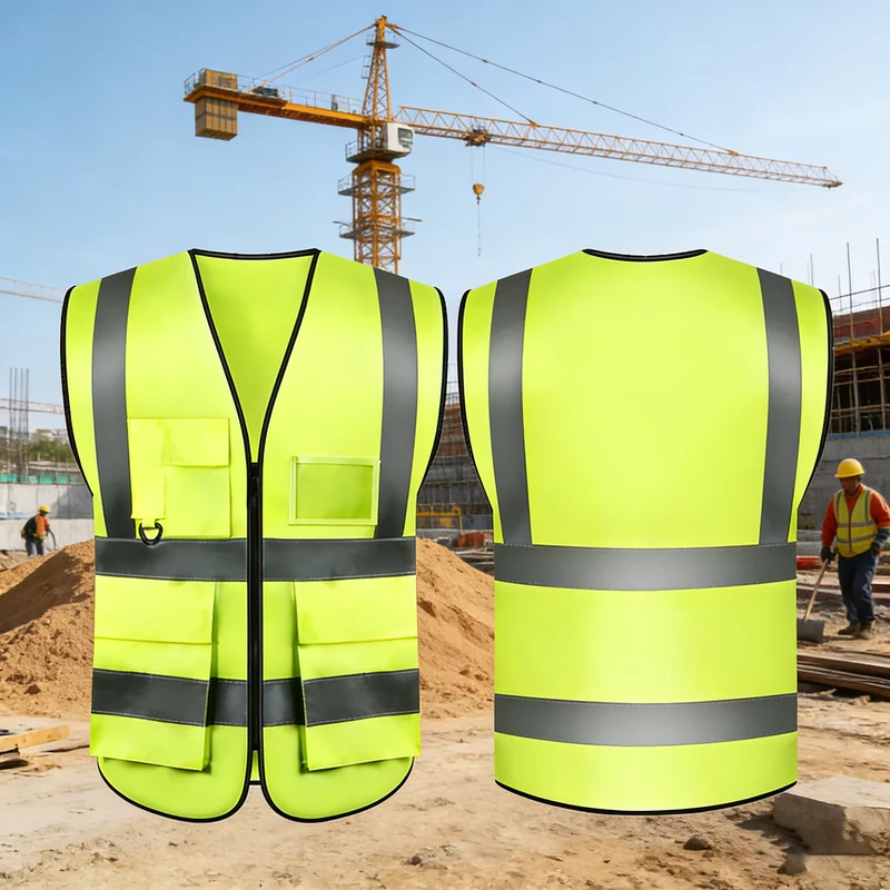 Security Vest Dark Blue Reflective Tape Safety Work Vest High Visibility Pockets ANSI Class 2