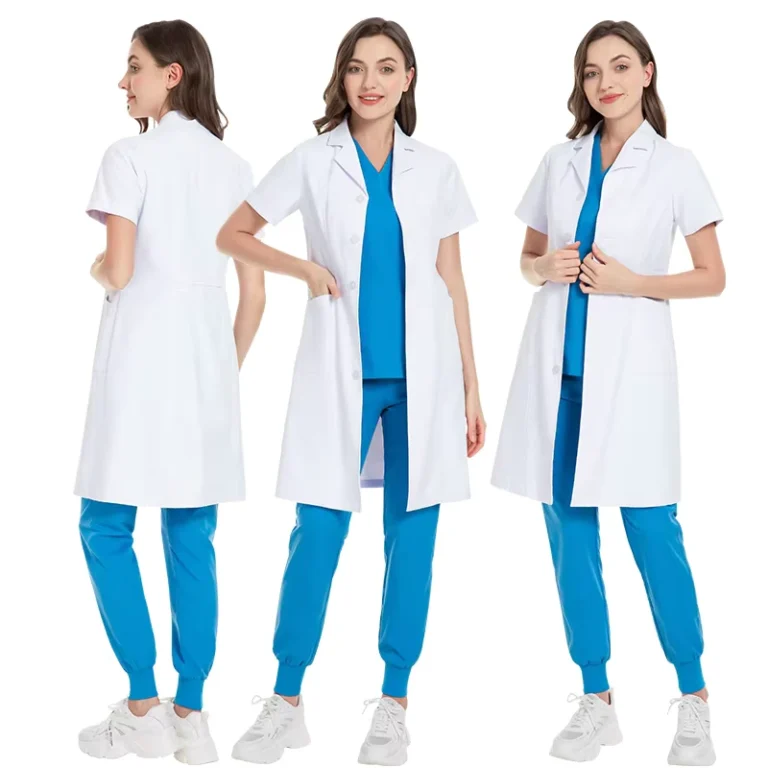 Short-Sleeve-African-Print-Pediatric-Medical-Doctor-Nurse-Hospital-Uniform-White-Lab-Coat