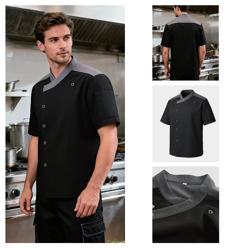 Short-Sleeve Asymmetrical Chef Coat Poly Rayon Stretch Unisex Kitchen Restaurant Uniform