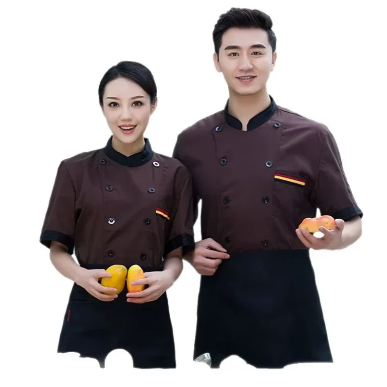 Short-Sleeve-Collar-Jacket-Top-Coffee-Shop-Bakery-Waiter-Barber-Work-Uniforms-Overalls-Hotel-Restaurant-Chef-Uniform
