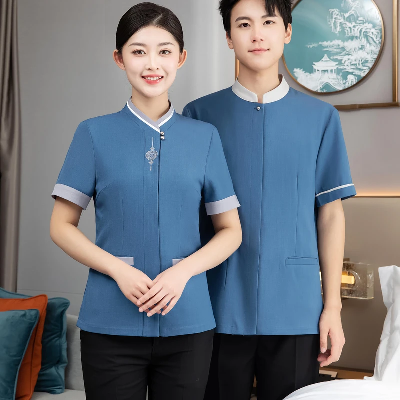 Short Sleeve Design Customized Hotel Housekeeping Uniform Cleaner Staff Maid Workwear Printed Embroidery Custom logo Uniform