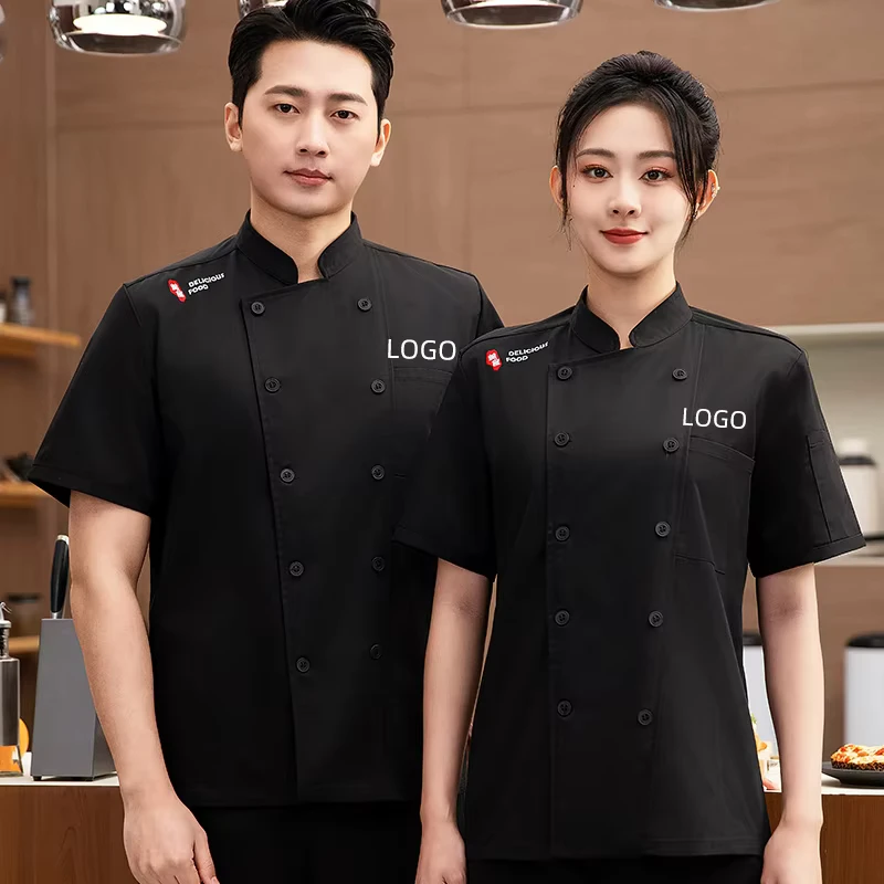 Short-Sleeve Polyester-Cotton Chef Uniform Jacket, Summer Kitchen Shirt for Restaurants