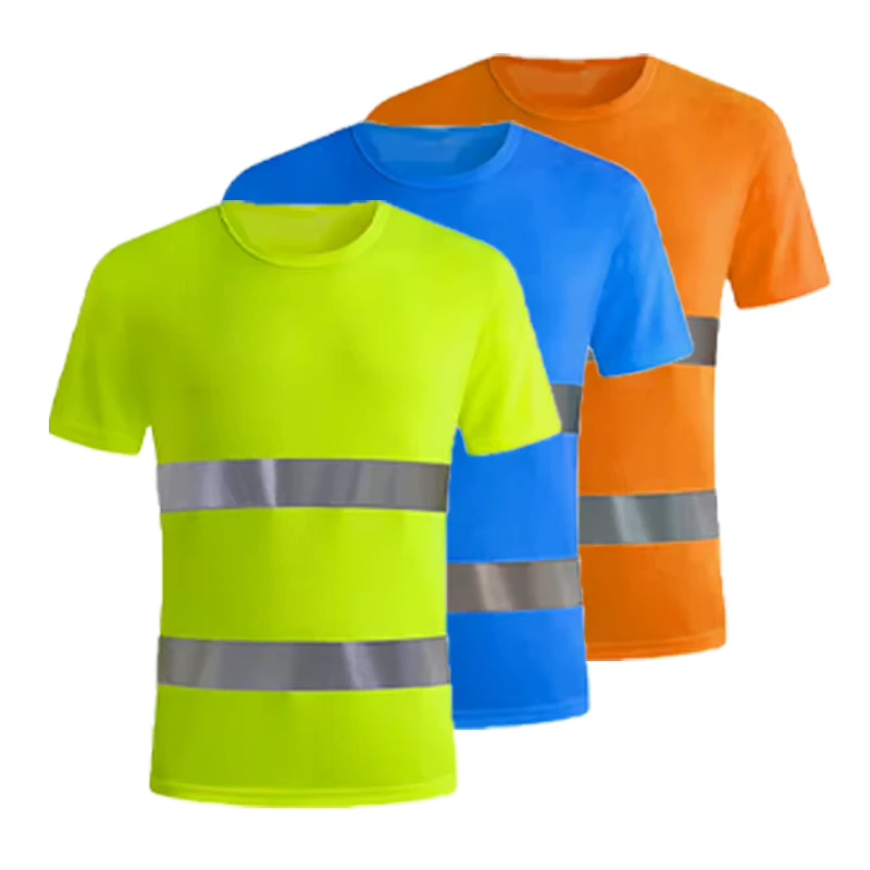 Short Sleeve Safety Shirt Round Neck T Shirts Men Quick Dry High Visibility Reflective Construction Work Shirts