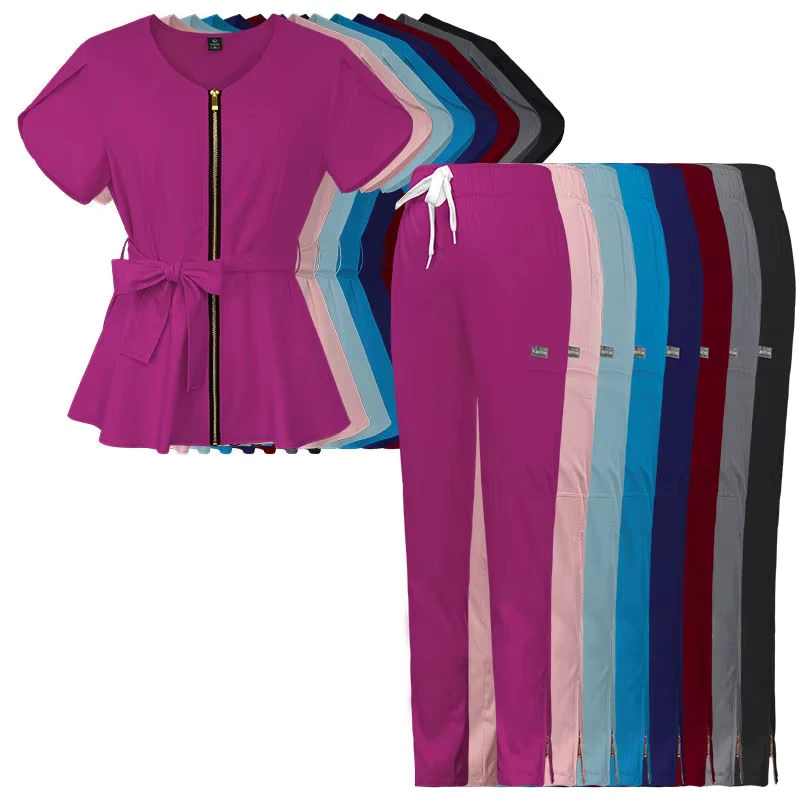 Short Sleeve Tops Nurse Jogger Pants Medical Uniform Hospital Suit Zipper Scrubs Top Vendors Uniforms for Women