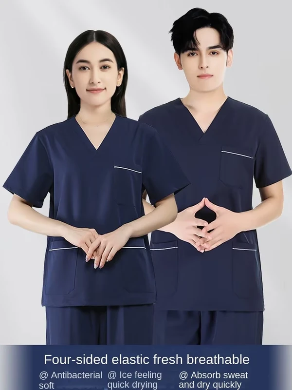 Short-Sleeve Unisex Spandex Moisture-Wicking Scrub Uniform for Medical Dental and Veterinary Work