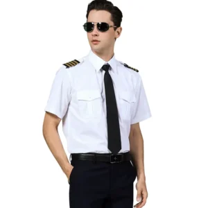 Simple Design Men’s Captain Pilot Uniform Shirts White Full Sleeve Airline Wear Polyester Cotton Material