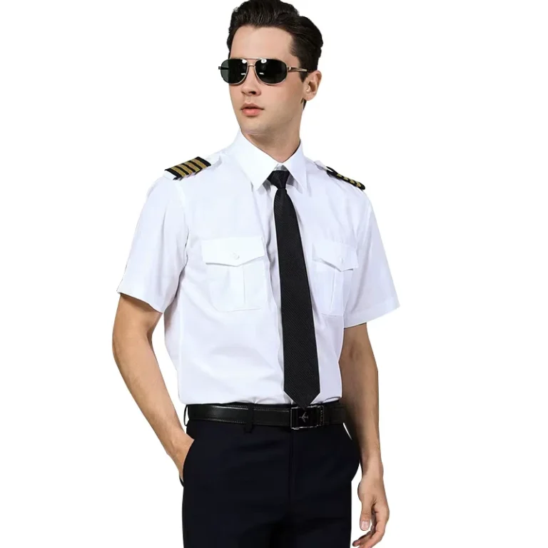 Simple-Design-Mens-Captain-Pilot-Uniform-Shirts-White-Full-Sleeve-Airline-Wear-Polyester-Cotton-Material