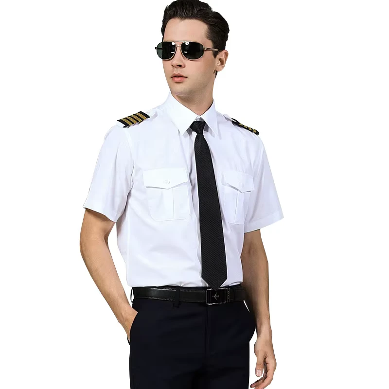 Simple Design Men's Captain Pilot Uniform Shirts White Full Sleeve Airline Wear Polyester Cotton Material