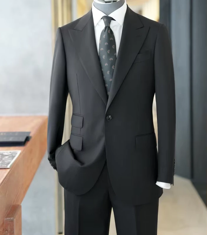 Single Breasted One Button Dark Black Wool Suit Pant Coat MTM Plus Size Breathable Italian Style Slim Fit Men's Wedding