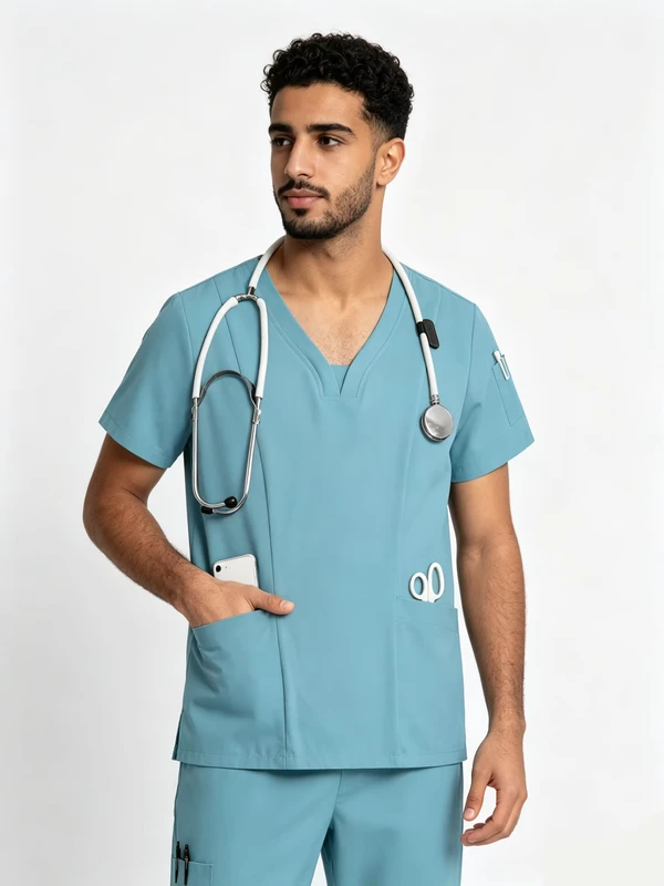 Sky Blue Modest V Neck Medical Scrub Set Moisture Wicking Poly Spandex Cuffed Pant Custom Nursing Uniform