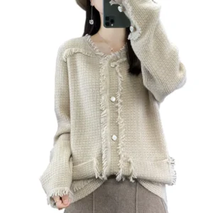 Small Fragrance Round Neck Cashmere Sweater Women’s Knitted Cardigan Fringed Design Top