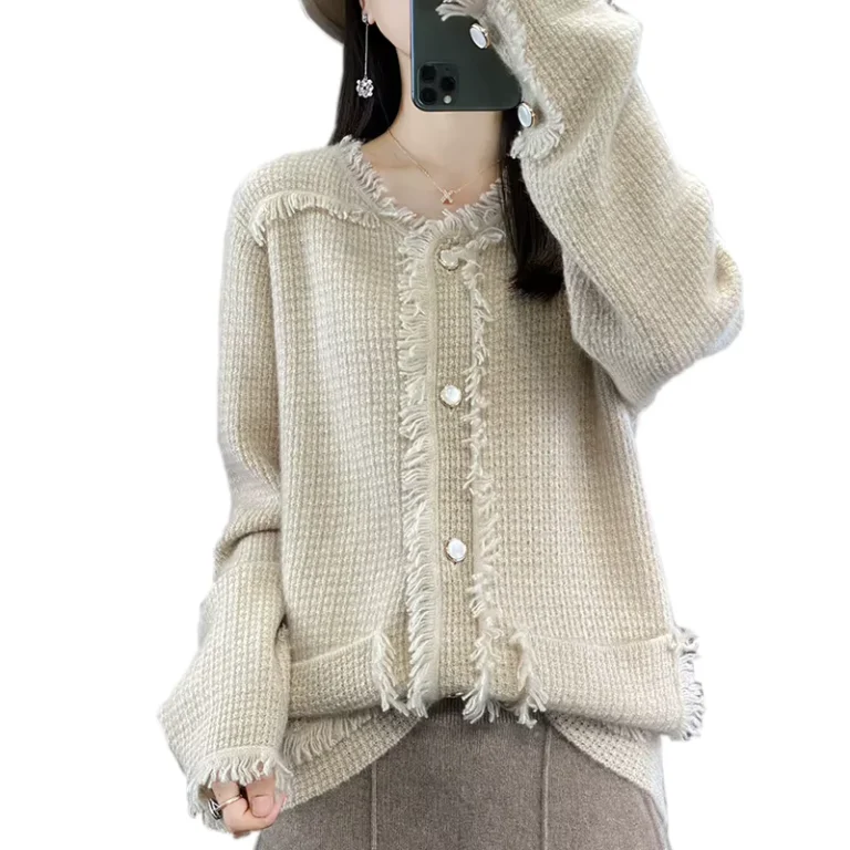 Small-Fragrance-Round-Neck-Cashmere-Sweater-Womens-Knitted-Cardigan-Fringed-Design-Top