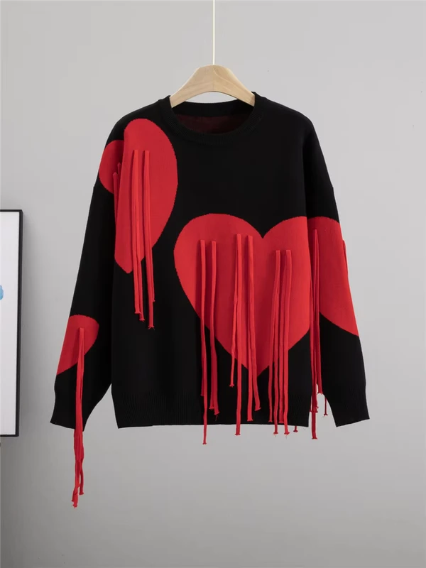 Soft Heat Jacquard Thick Sweaters with Tassels Basic Lady Knitted Jumper Crew Neck Pullover