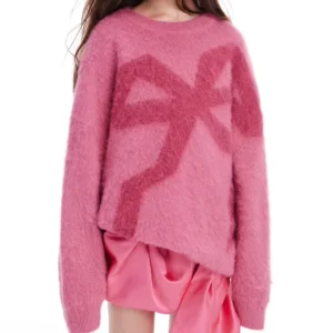Soft Premium Comfortable Bow Print Fuzzy Knit Stylish Durable Chic Sweater