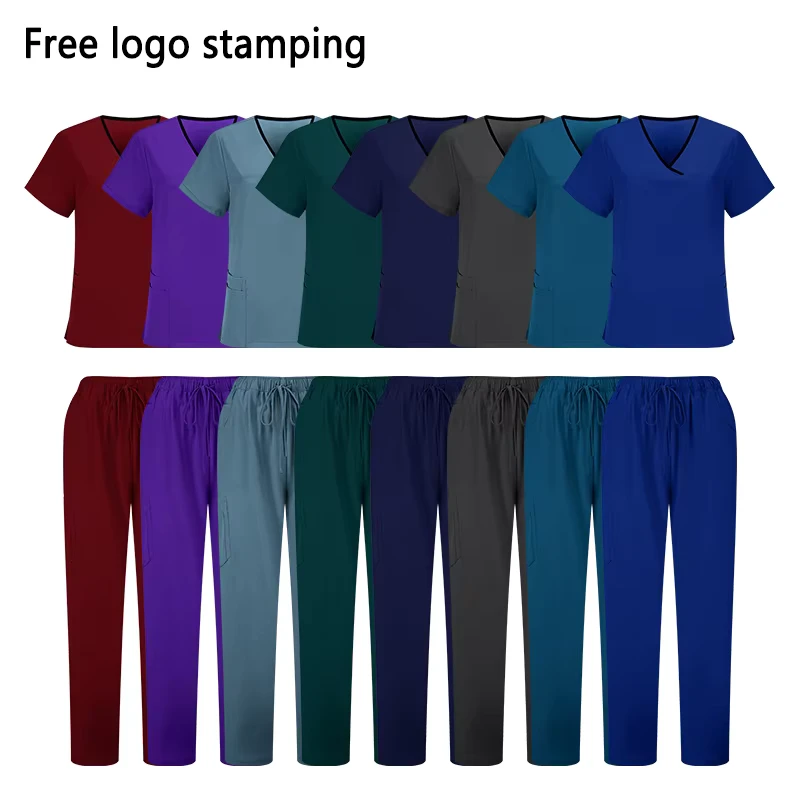 Solid-Color Stretch Breathable Nurse Scrub Set with Straight Pants