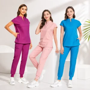 Solid Color V-Neck Mandarin Collar Medical Scrub Set with Jogger Pants