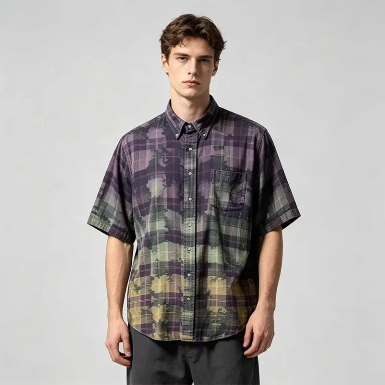 Spray-Dyed-Plaid-Button-Down-Shirt-with-Chest-Pocket-Mens-Short-Sleeve