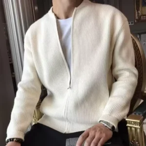 Spring Autumn New Silk Cardigan Sweater Men’s Korean Style Trendy Double Zipper Anti Wrinkle Slim fit Casual Crew Neck Solid