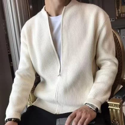 Spring-Autumn-New-Silk-Cardigan-Sweater-Mens-Korean-Style-Trendy-Double-Zipper-Anti-Wrinkle-Slim-fit-Casual-Crew-Neck-Solid