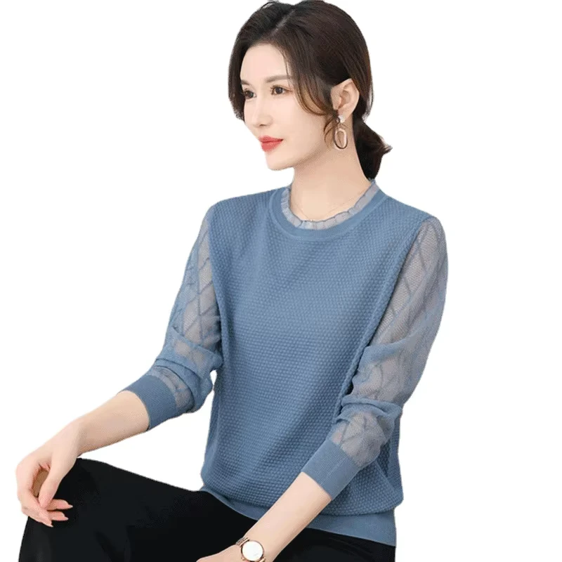Spring Fashion Lady Crew Neck Long Sleeve Lace Thin Knit Sweater