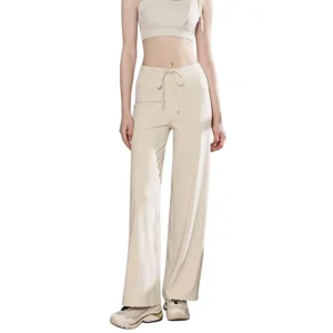 Spring Yoga Pants for Women Pilates Workout Fitness Wear Quick-Drying Nylon Drawstring Wide-Leg Running Pants