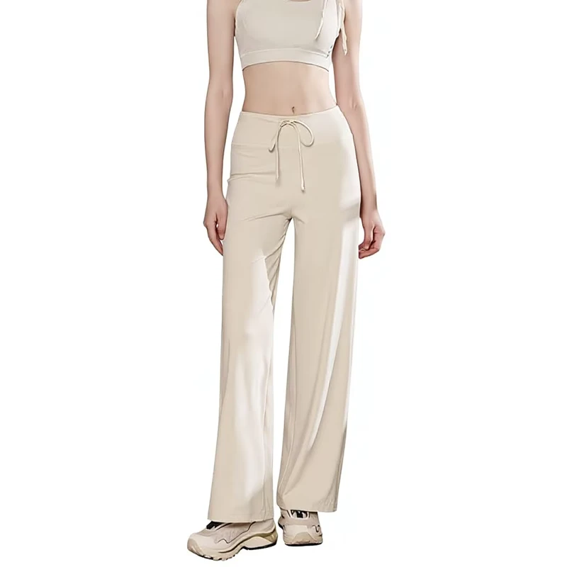 Spring Yoga Pants for Women Pilates Workout Fitness Wear Quick-Drying Nylon Drawstring Wide-Leg Running Pants