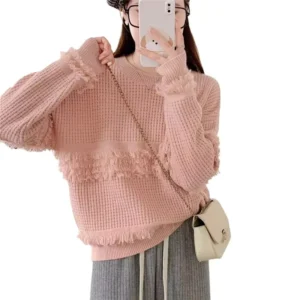 Spring and Autumn Fashion Women’s Crewneck Long Sleeve Solid Color Jacquard High-quality Pullover Sweater