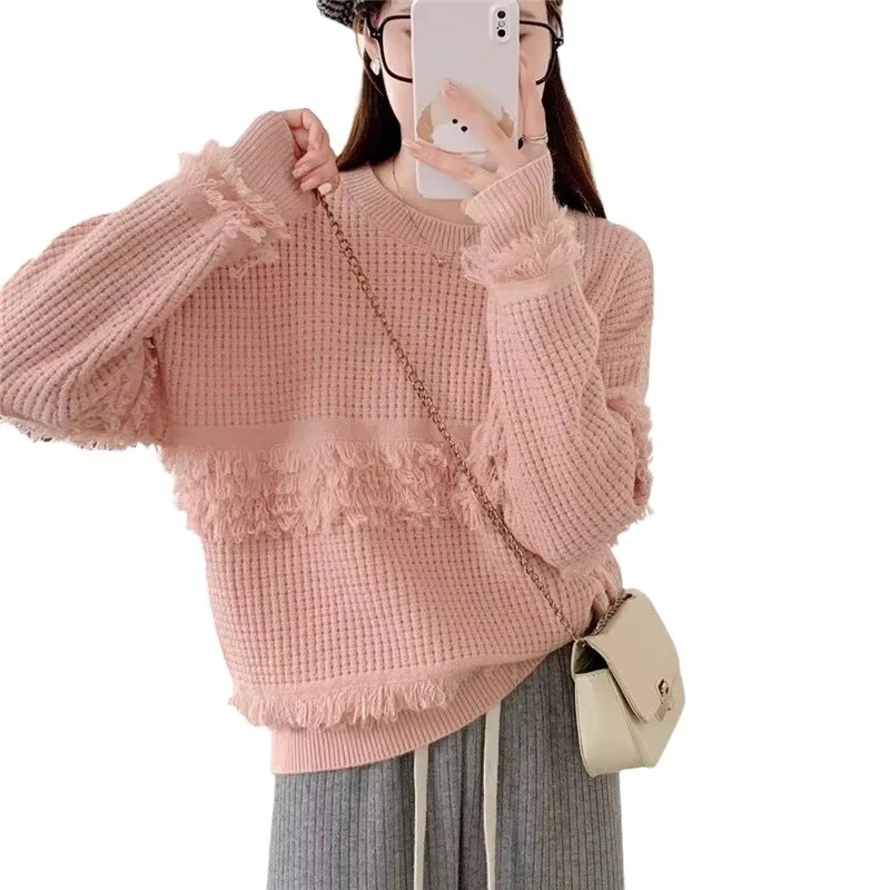 Spring and Autumn Fashion Women's Crewneck Long Sleeve Solid Color Jacquard High-quality Pullover Sweater