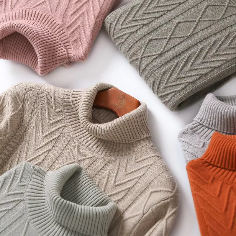 Square Fonda Chunky Knit Cable Stitch Turn Down Neck Cashmere High Neck Men's Sweater
