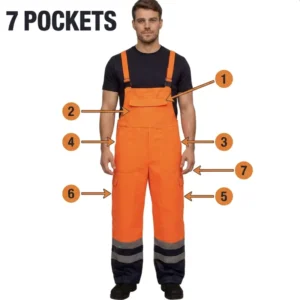 Stain Resistant Hi Vis ANSI Class 2 Waterproof Bib Brace Overalls 65/35 Poly Cotton Safety Pants with Adjustable Straps