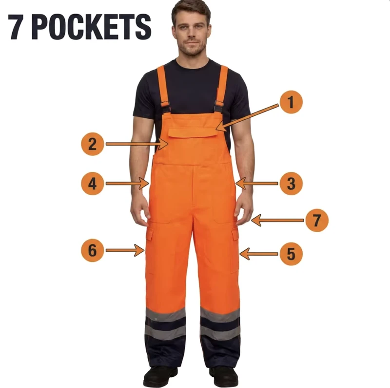 Stain Resistant Hi Vis ANSI Class 2 Waterproof Bib Brace Overalls 65/35 Poly Cotton Safety Pants with Adjustable Straps