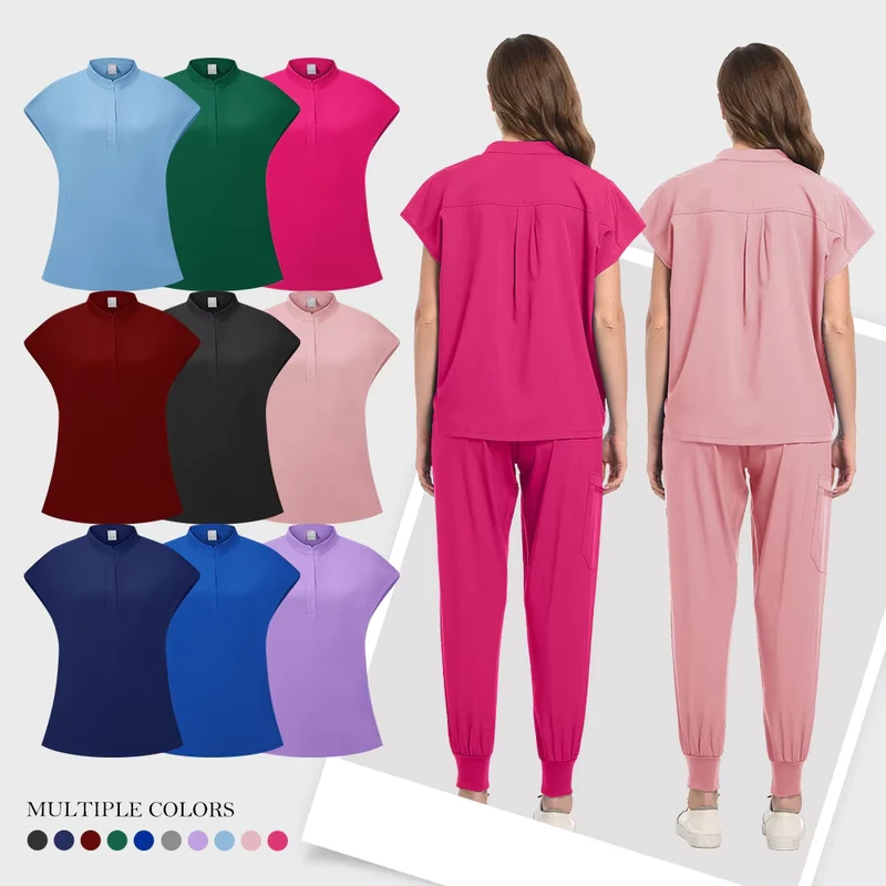 Stand Collar Short Sleeve Knitted Eco Friendly Scrub Sets Solid Color Surgical Gown Beauty Salon Doctor Nurse Hospital Use
