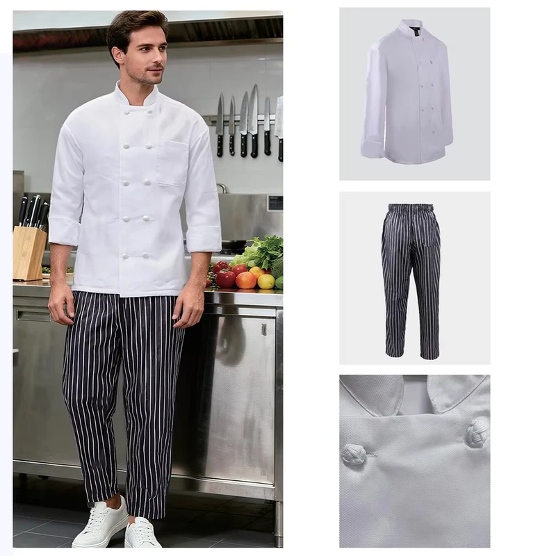 Stand-Up Collar Chef Coat with Roll-Up Long Sleeves Polyester Cotton Chef Uniform