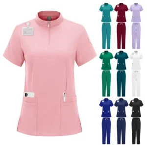 Stand-Up Collar Women’s Medical Nursing Scrub Set with Nurse Pants Unisex Hospital Uniform